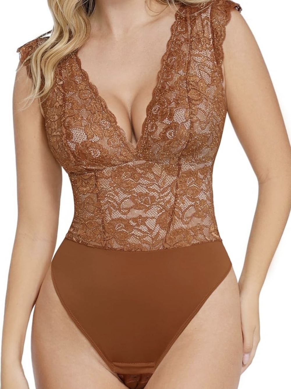 Lace V-Neck Bodysuit in Brown - Women's Other